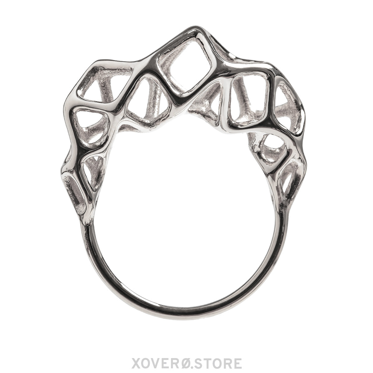 A sterling silver ring with a geometric, cage-like design at the crown of a delicate band. 