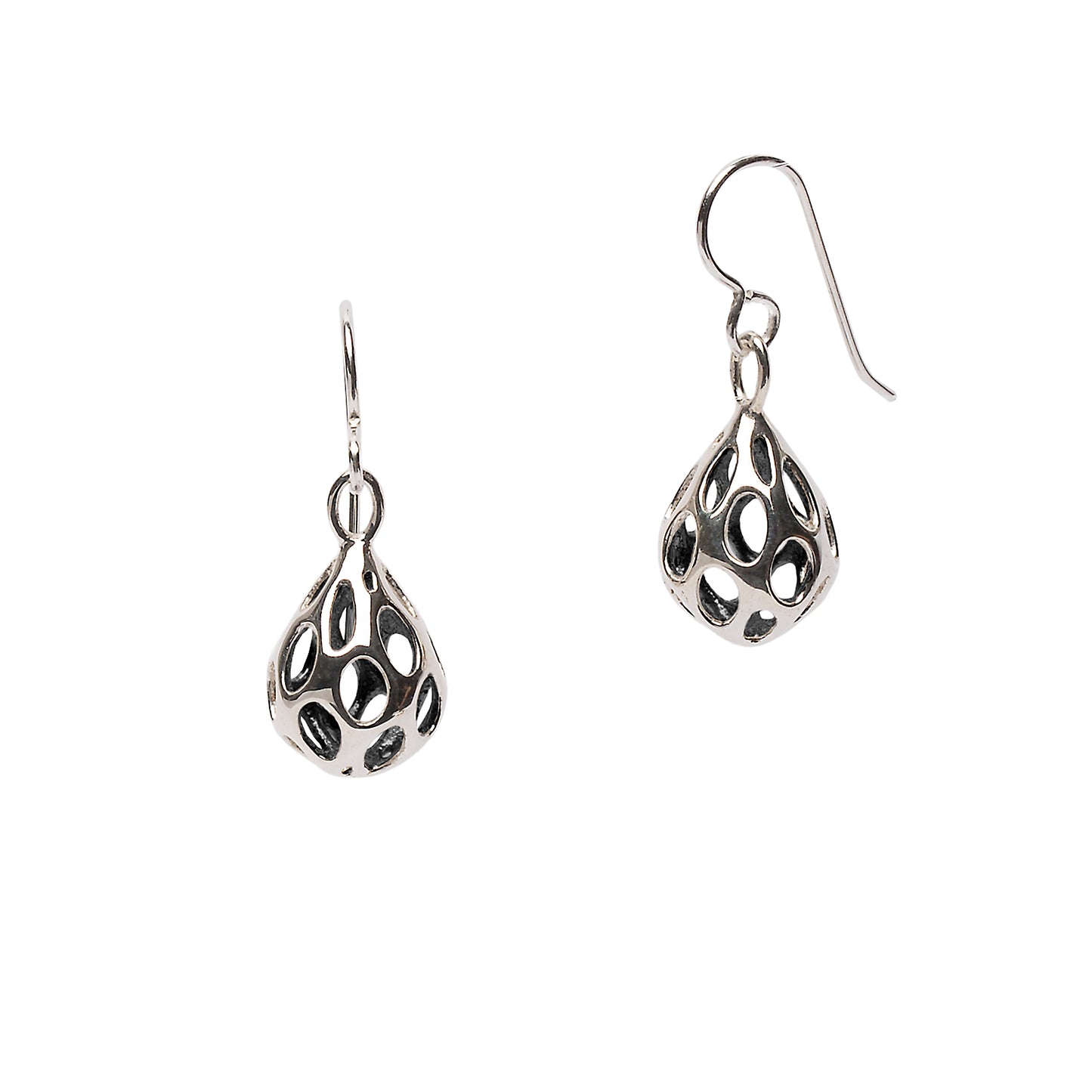 Xover0���s OLEA earrings in polished sterling silver feature droplet-shaped forms pierced with elongated oval cutouts, shown front and side.