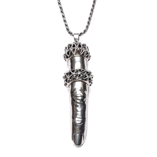Aṅgulimāla is a solid sterling silver pendant in the shape of a human finger, named after the historical figure in Buddhist literature. The pendant has a screw top and internal storage compartment. The pendant is designed to hold your rings while you are working with your hands. 