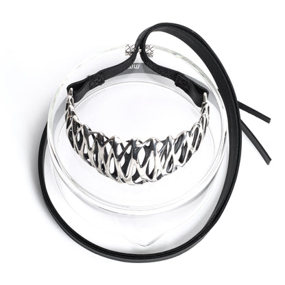 A solid .925 sterling silver tall high necked choker necklace with long black leather straps and a embossed cube-ended bar clasp. Crafted from heirloom quality materials. Adjustable fit and style. 