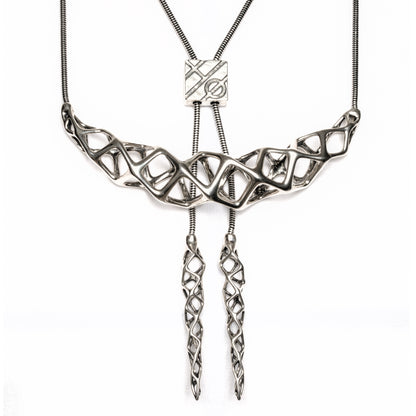This solid sterling silver necklace is an original Xover0 jewelry concept. It is a hybrid between a bolo tie and a choker. Hence the name boker. 