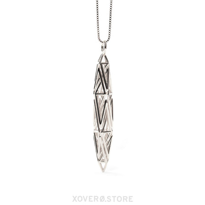 Edgy solid sterling silver pendant necklace with dynamic angular lattice in a prismatic configuration suspended from a box chain. 