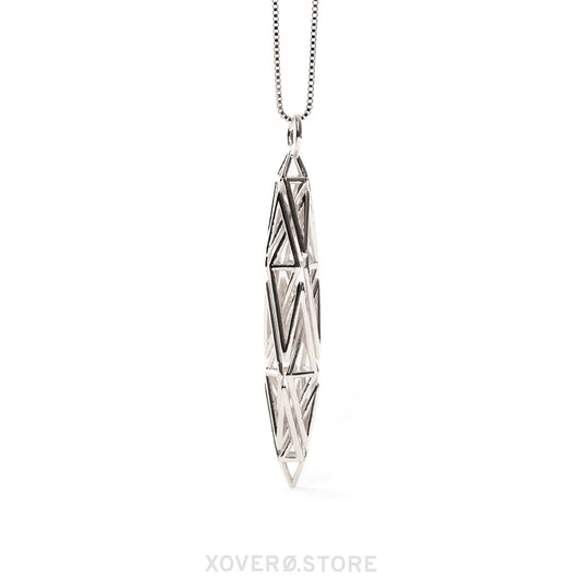Edgy solid sterling silver pendant necklace with dynamic angular lattice in a prismatic configuration suspended from a box chain. 