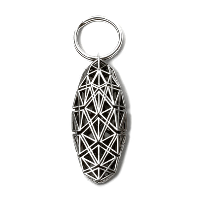 Sterling silver keychain with angular architectural lattice design. 