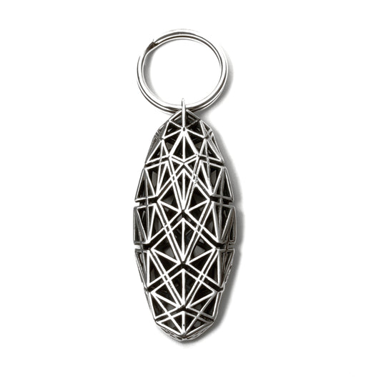 Sterling silver keychain with angular architectural lattice design. 