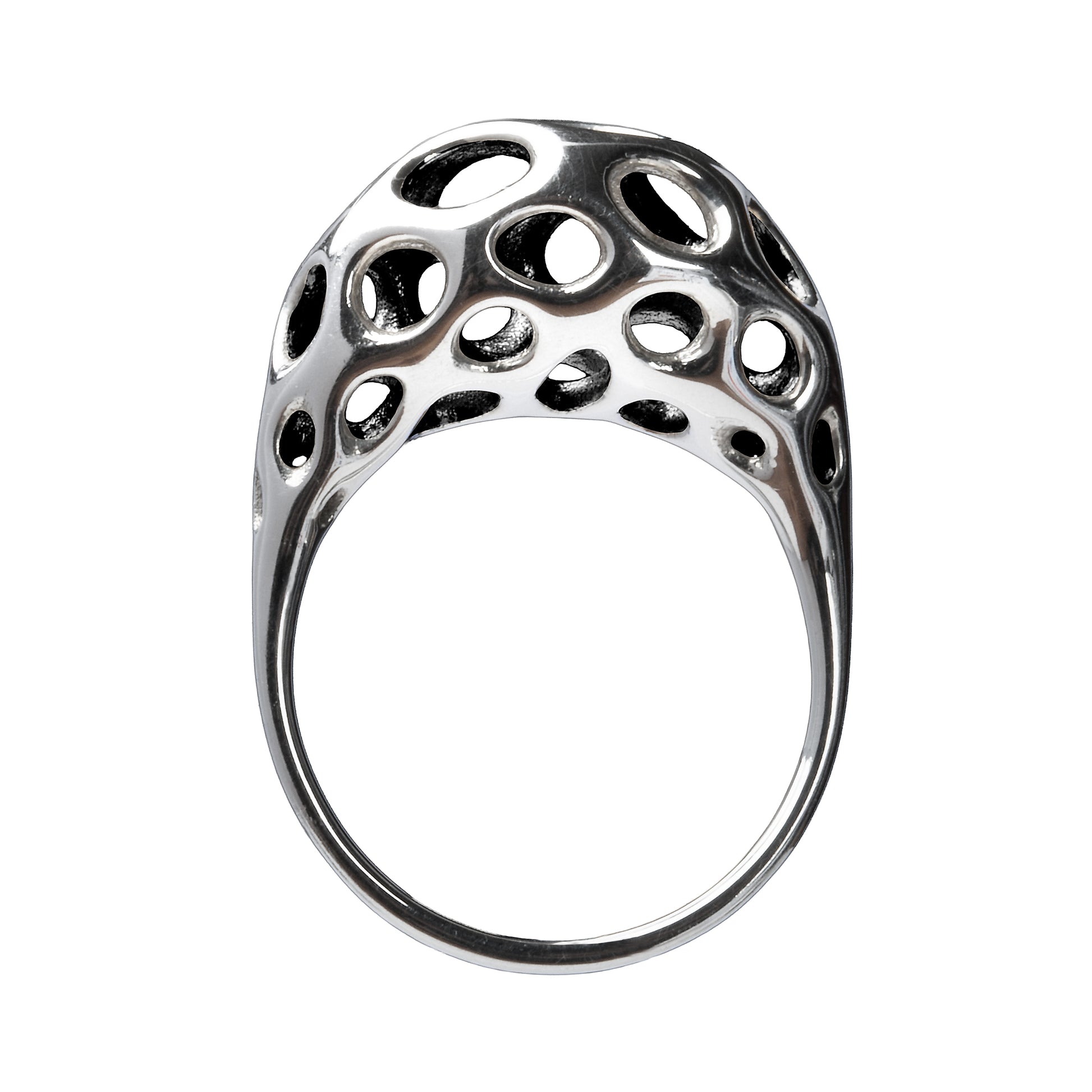 A sterling silver ring with a sculptural, crescent-shaped dome featuring intricate oval cutouts, displayed against a white background.