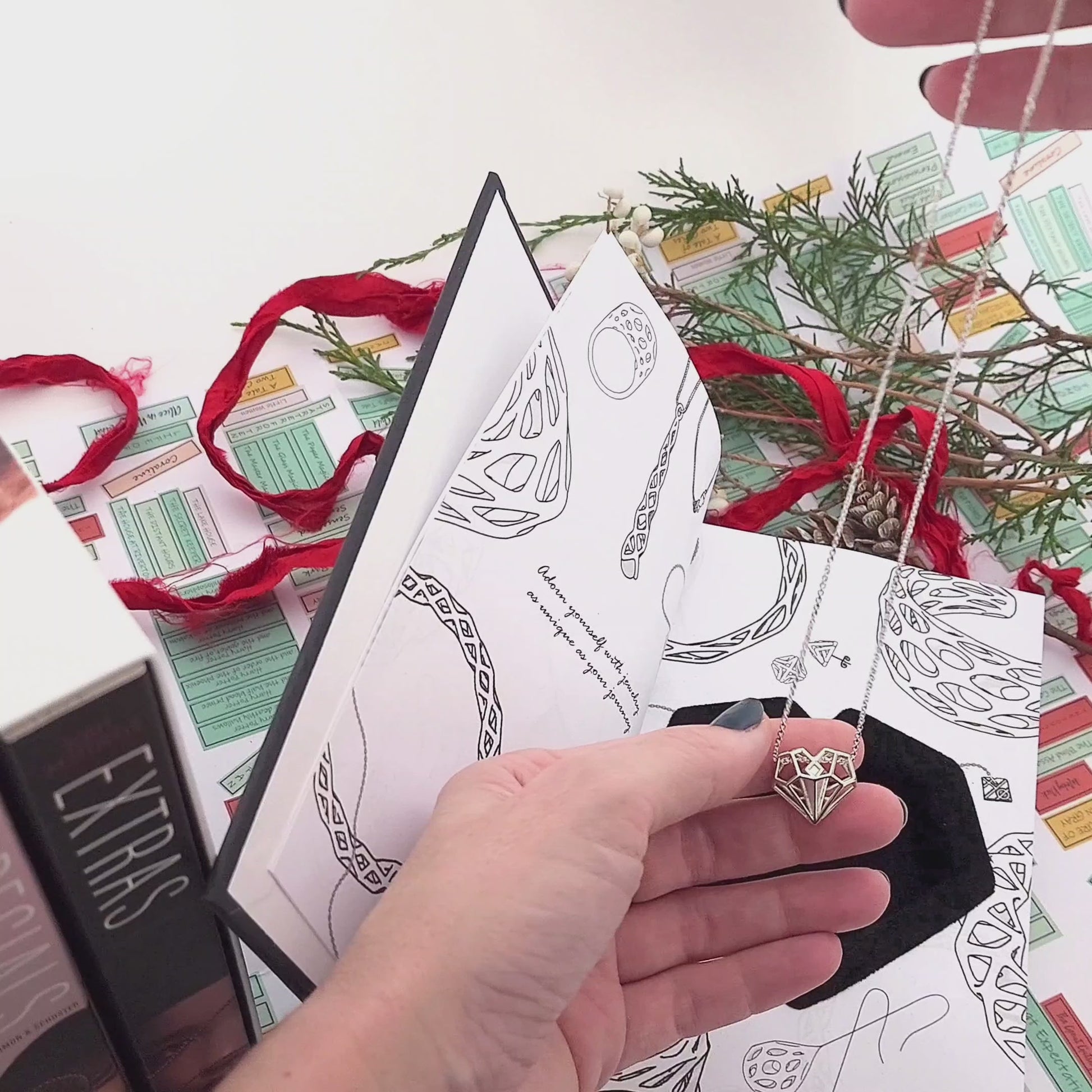 Xover0 custom Book Safe packaging, an exclusive upgrade with the Geoheart Pendant, perfectly sized to stack on top of an Uglies book for discreet gift wrapping. When wrapped together, the recipient will expect books but be pleasantly surprised to find a hidden keepsake necklace inside.