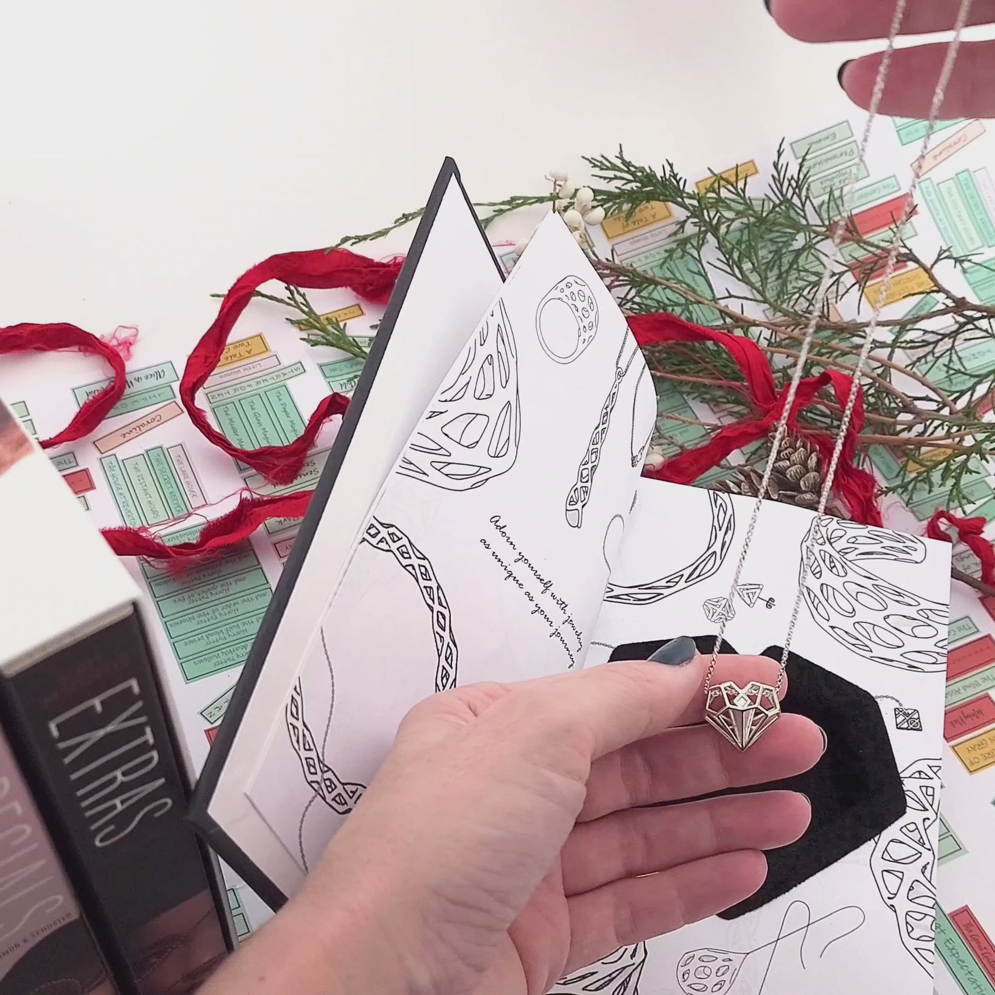 Xover0 custom Book Safe packaging, an exclusive upgrade with the Geoheart Pendant, perfectly sized to stack on top of an Uglies book for discreet gift wrapping. When wrapped together, the recipient will expect books but be pleasantly surprised to find a hidden keepsake necklace inside.