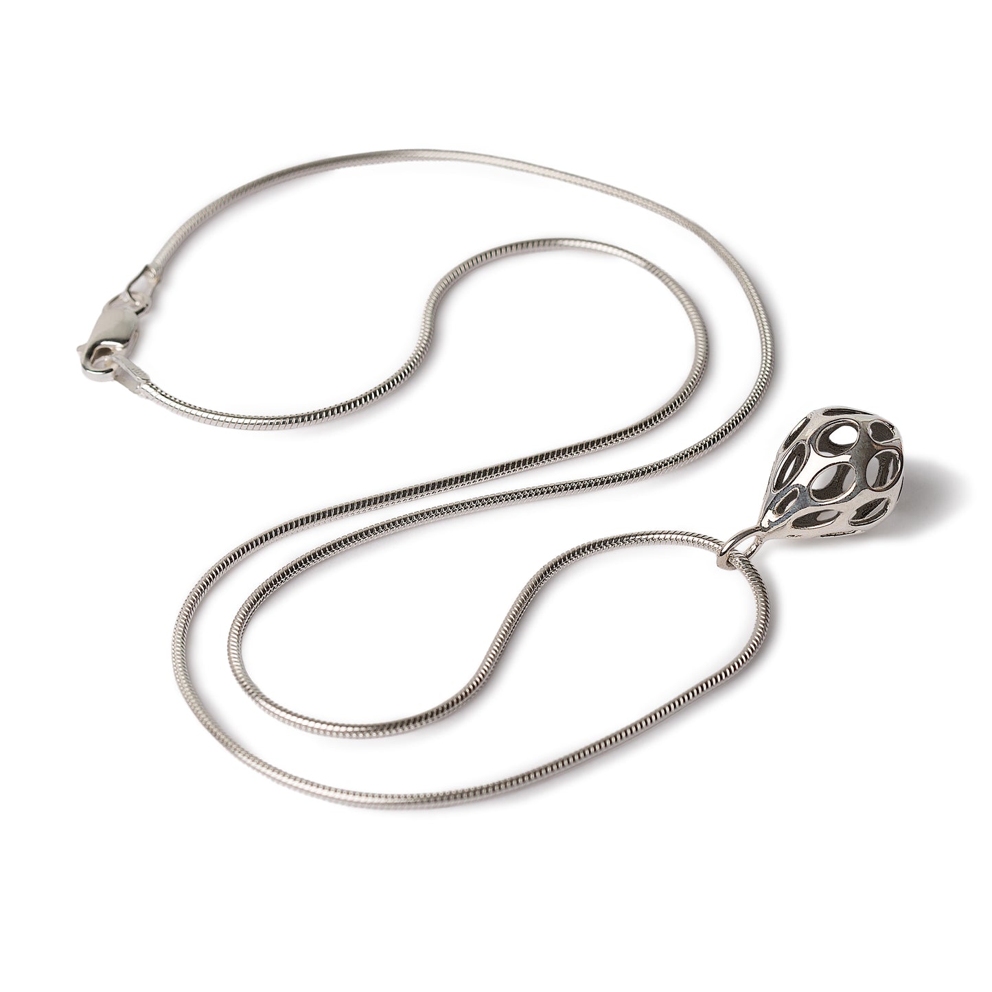 Xover0���s OLEA pendant necklace in solid sterling silver features a teardrop-shaped volume pierced with oval cutouts on an 18-inch snake chain secured by a lobster clasp. The necklace is displayed here in full on a white background.