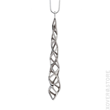 A sterling silver pendant with a geometric cubicoid lattice hangs from an 18 inch box chain.
