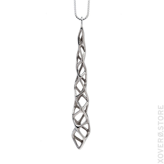 A sterling silver pendant with a geometric cubicoid lattice hangs from an 18 inch box chain.