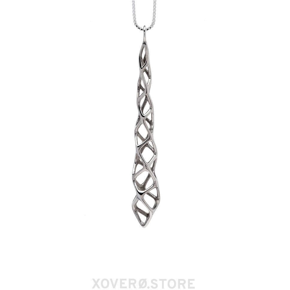 Architectural pendant necklace with elongated lattice in solid sterling silver.