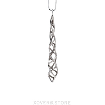 Architectural pendant necklace with elongated lattice in solid sterling silver.