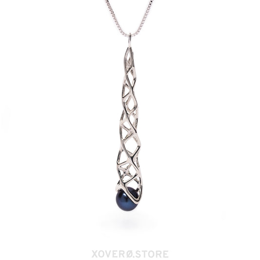 A sterling silver pendant with a geometric design and a dark blue freshwater pearl at the bottom, displayed against a white background.