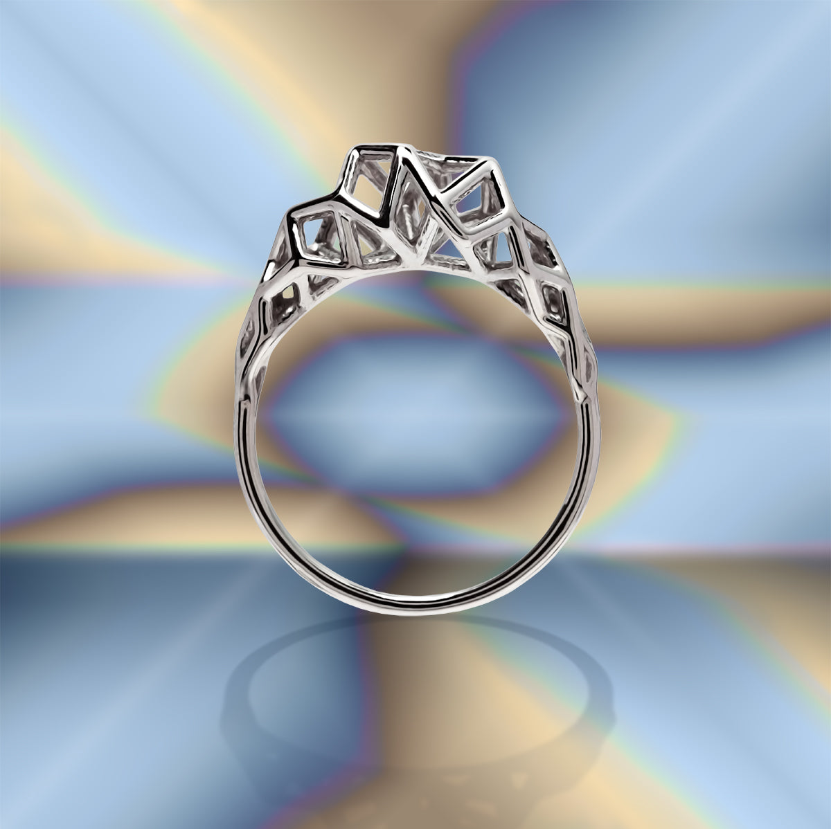 Solid sterling silver accent or engagement ring with futuristic Art Deco inspired geometric lattice presented on a prismatic background. 