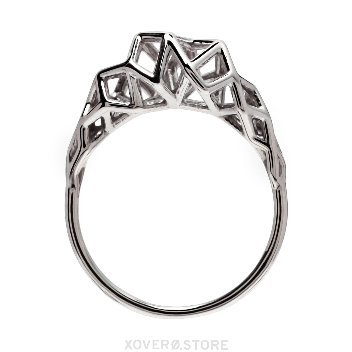 A sterling silver ring with a geometric lattice design in an delicate Art Deco inspired silhouette. 