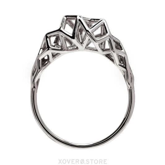 A sterling silver ring with a geometric lattice design in an delicate Art Deco inspired silhouette. 