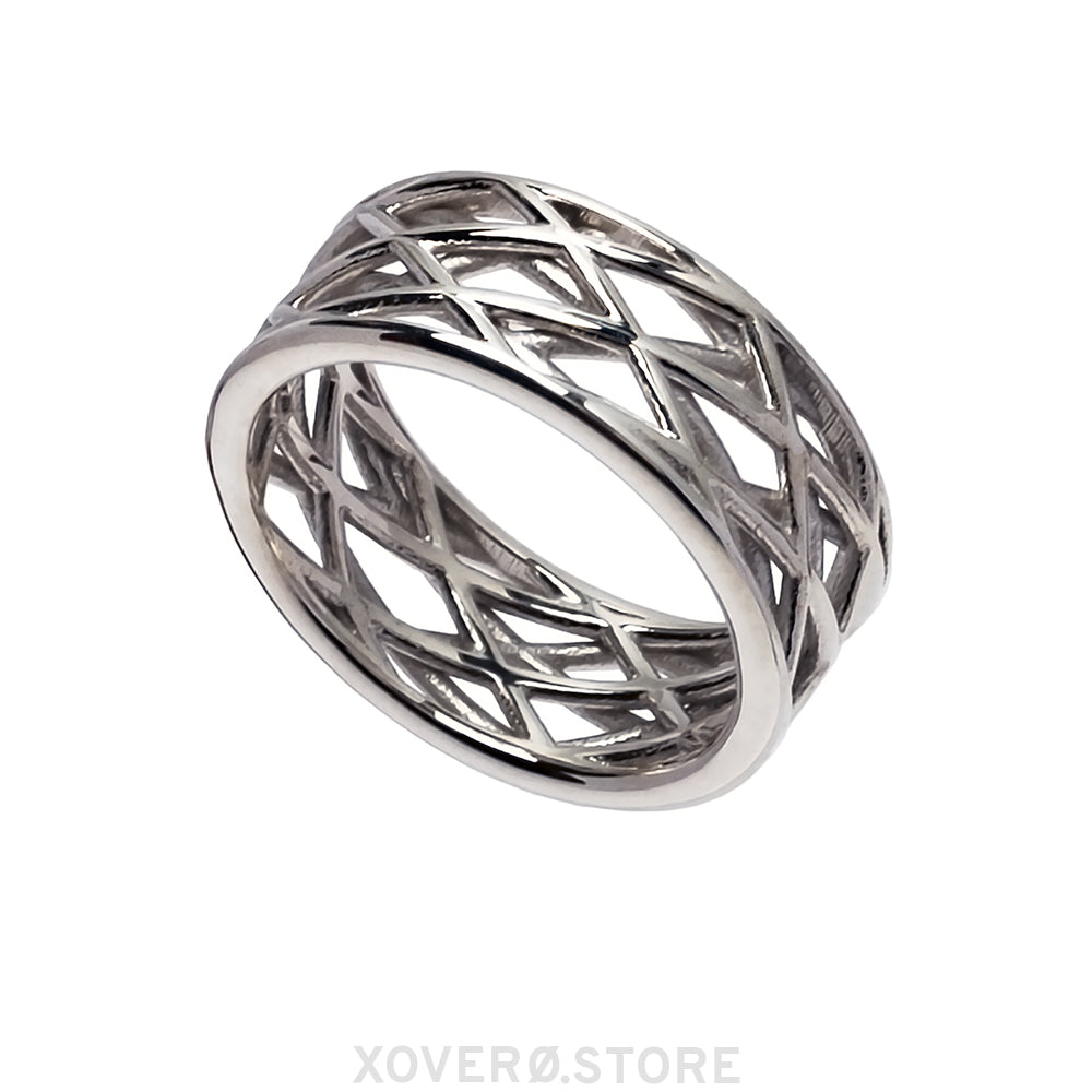 A sterling silver ring with a geometric lattice design around the band, creating a dynamic dimensional patterned appearance.