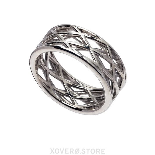 A sterling silver ring with a geometric lattice design around the band, creating a dynamic dimensional patterned appearance.