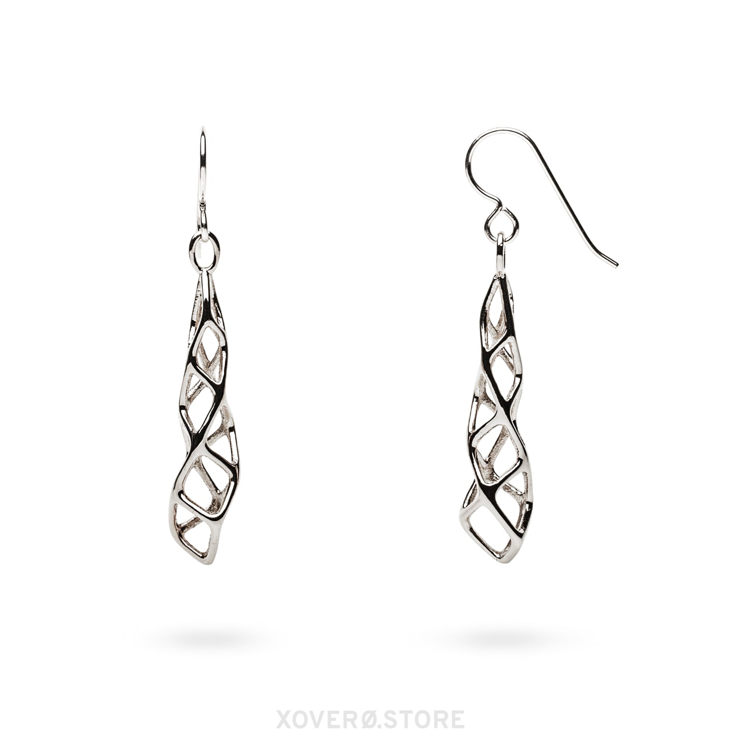 A pair of sterling silver dangle earrings with airy sculptural lattice design.