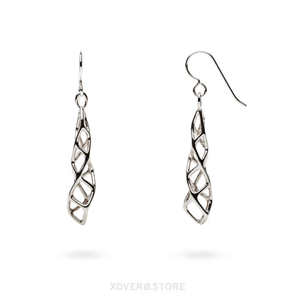 A pair of sterling silver dangle earrings with airy sculptural lattice design.