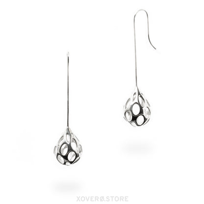 Long dangle earrings in solid .925 sterling silver with raindrop-shaped forms hand-soldered to seamless long-stem French hooks.